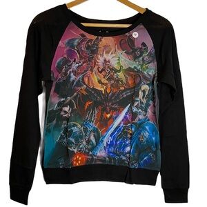 Heroes of the Storm Printed Chiffon Boatneck Raglan Black Knit Sweater Medium